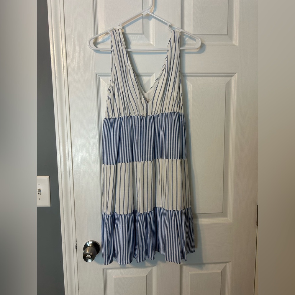 LOFT Ivory and Blue Striped Mini Dress XXS